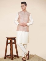 White Pure Silk Readymade Kurta Pajama With Jacket